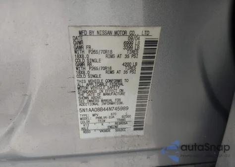 2004 Nissan Pathfinder Armada Le z USA, uszkodzony, nr VIN 5N1AA08B44N745989